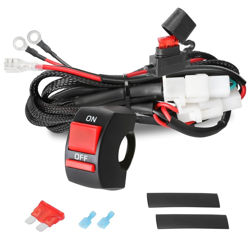 OFFROADTOWN Motorcycle LED Lights Wiring Harness Kit with Handlebar Switch 10A Fuse 1 Lead Light Bar Harness for ATV Dirt Bike Ebike Scooters Auxiliary Driving Fog Lights - Image 1